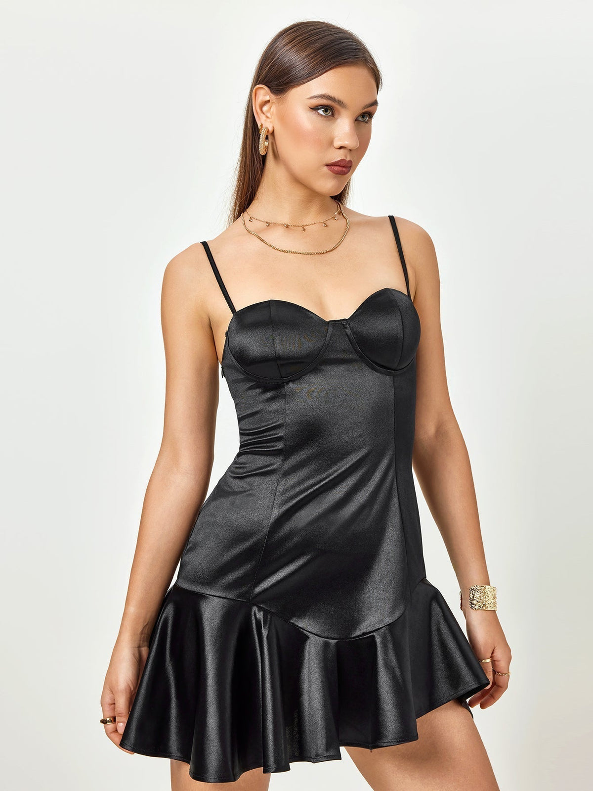 Satin Sweetheart Spaghetti Strap Corset Ruffle Mini Dress - View 3