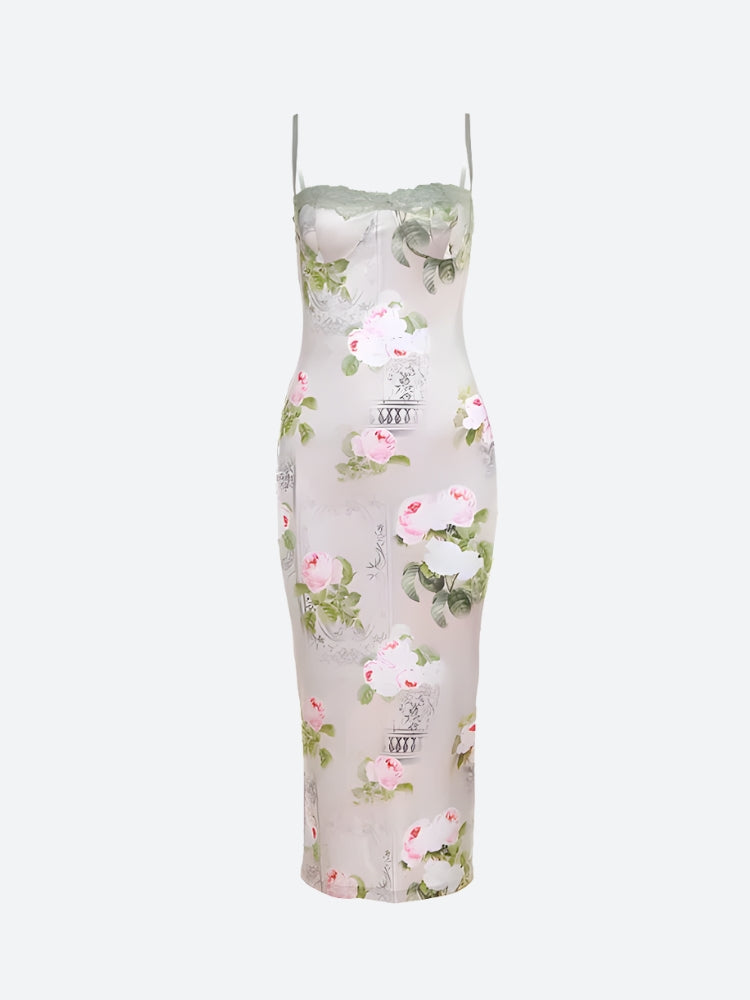 Floral Satin Spaghetti Strap Lace Trim Bodycon Midi Dress - View 4