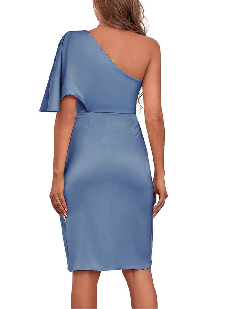 Satin One Shoulder Ruched Wrap Front High Split Bodycon Midi Dress - View 17