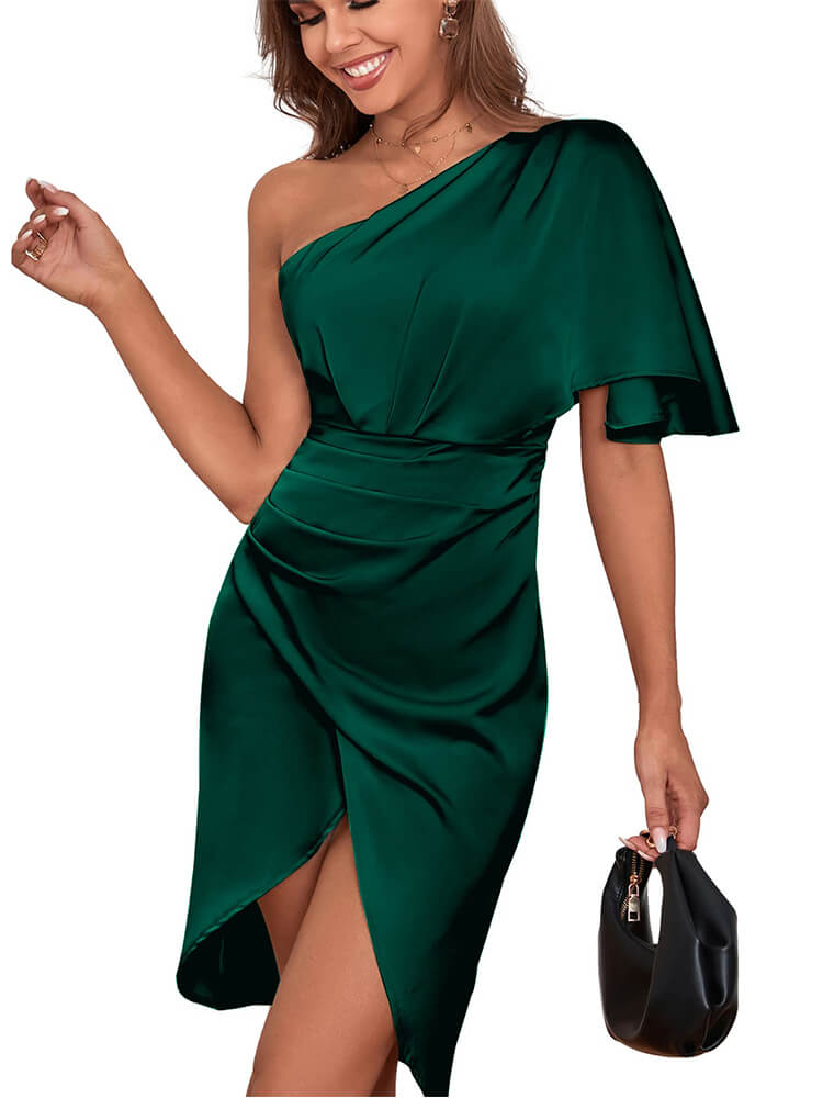 Satin One Shoulder Ruched Wrap Front High Split Bodycon Midi Dress - View 15