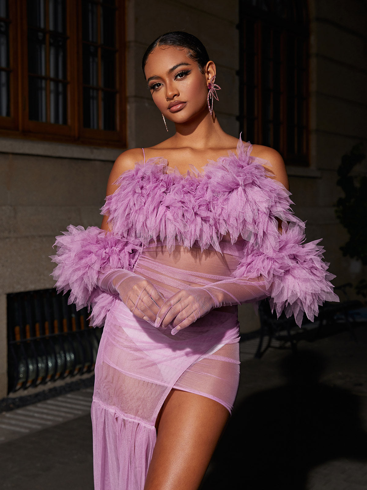 Satine Spaghetti Tulle Maxi Dress With Gloves In Lilac - View 4