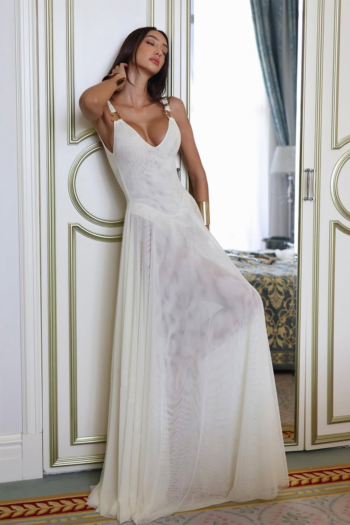 Julie Plunge Neck Semi sheer Mesh Maxi Dress - View 2