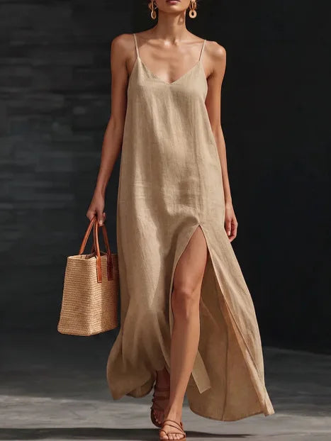 V-Neck Spaghetti Strap High Split Linen Look Maxi Dress 9