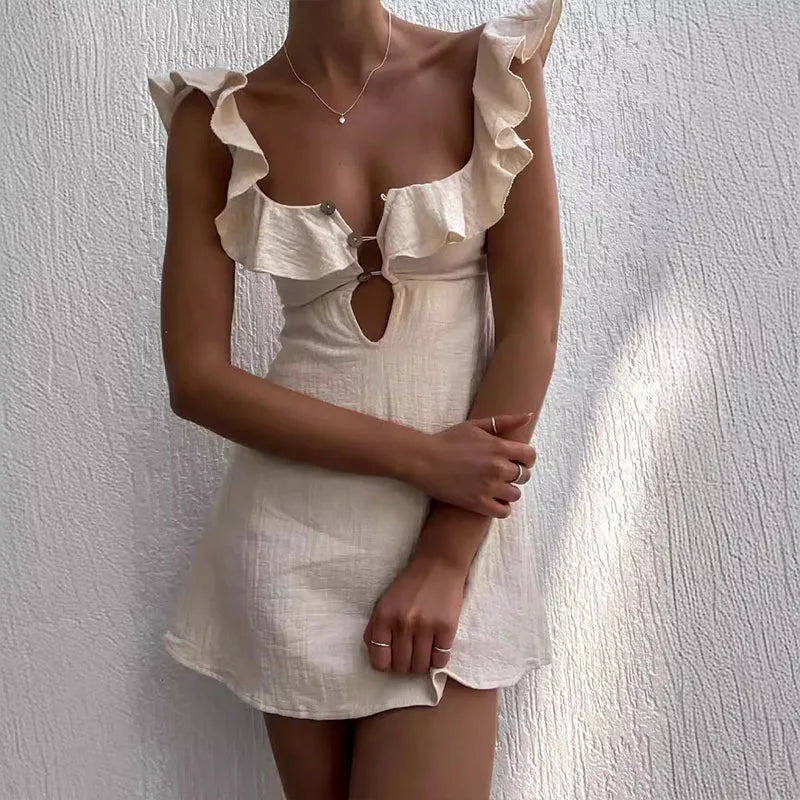 Square Neck Ruffle Button Front Cut Out Mini Summer Dress - View 2