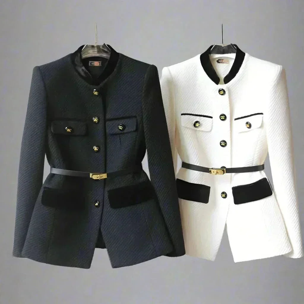 Stand Collar Belted Gold Button Tweed Jacket 2