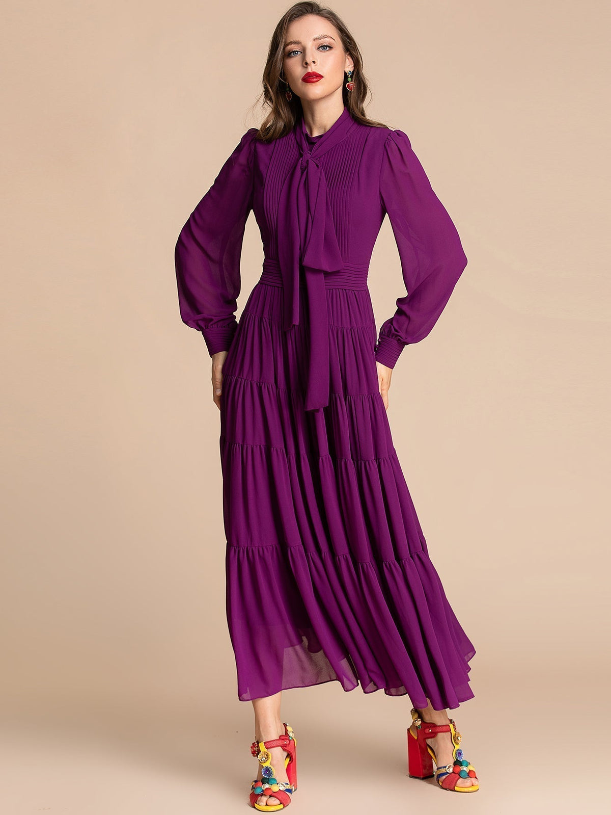 Tie Neck Long Sleeve Pintuck Tiered Maxi Dress 2