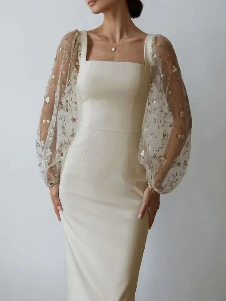 Square Neck Floral Puff Sleeve Bodycon Midi Dress - View 6