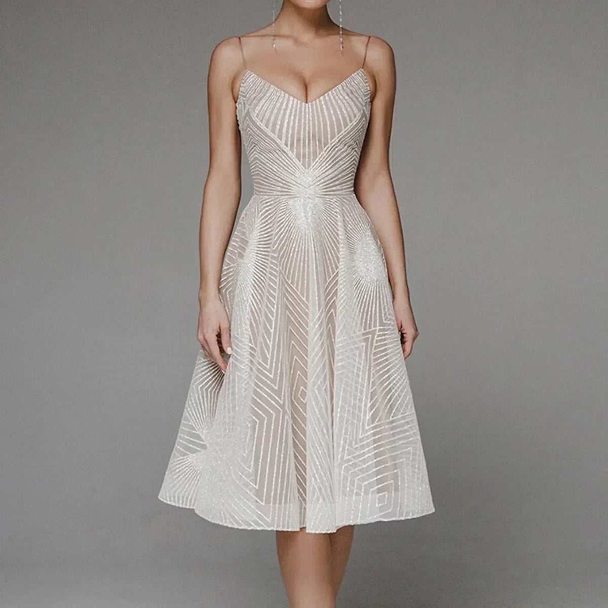 Sequin Mesh Geometric Pattern Spaghetti Strap Cocktail Dress