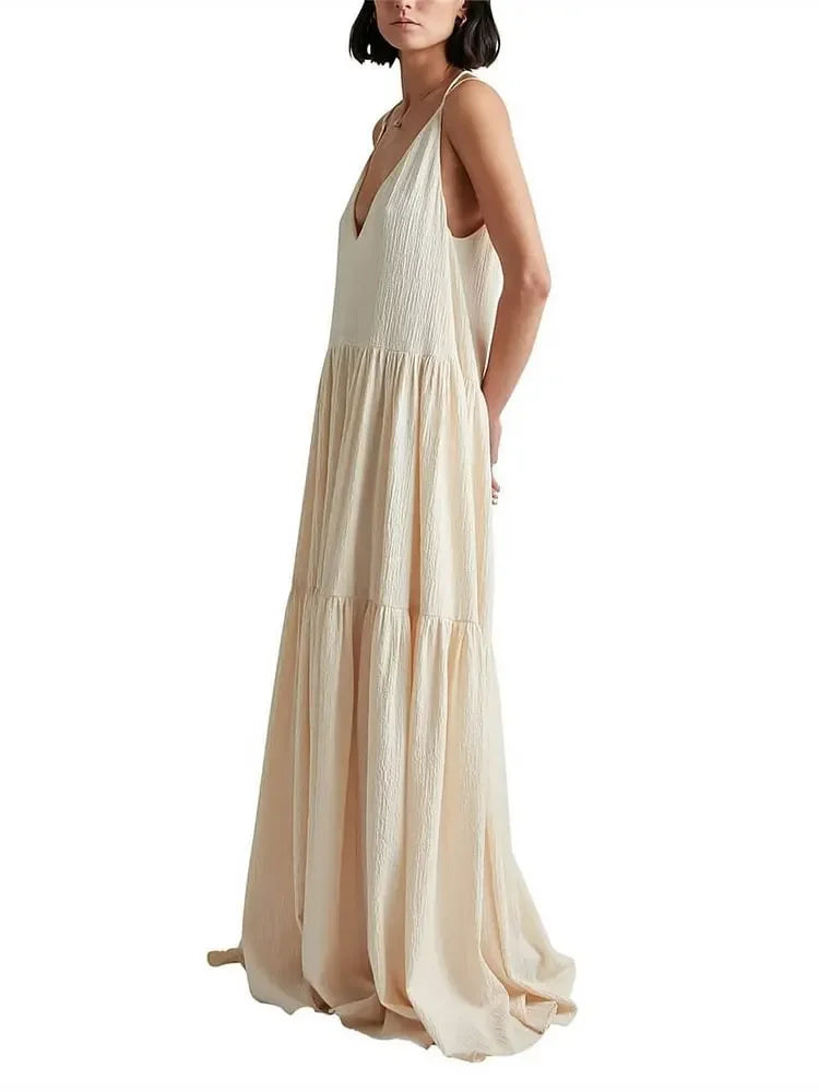 Spaghetti Strap Deep V-Neck Tiered Gauze Crinkle Texture Dress - View 2