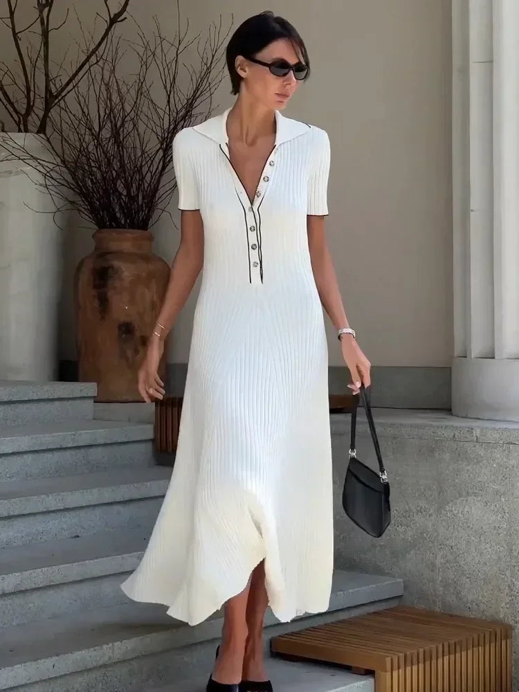 Ribbed Knit Polo Collar Short Sleeve Button Front Maxi Dress
