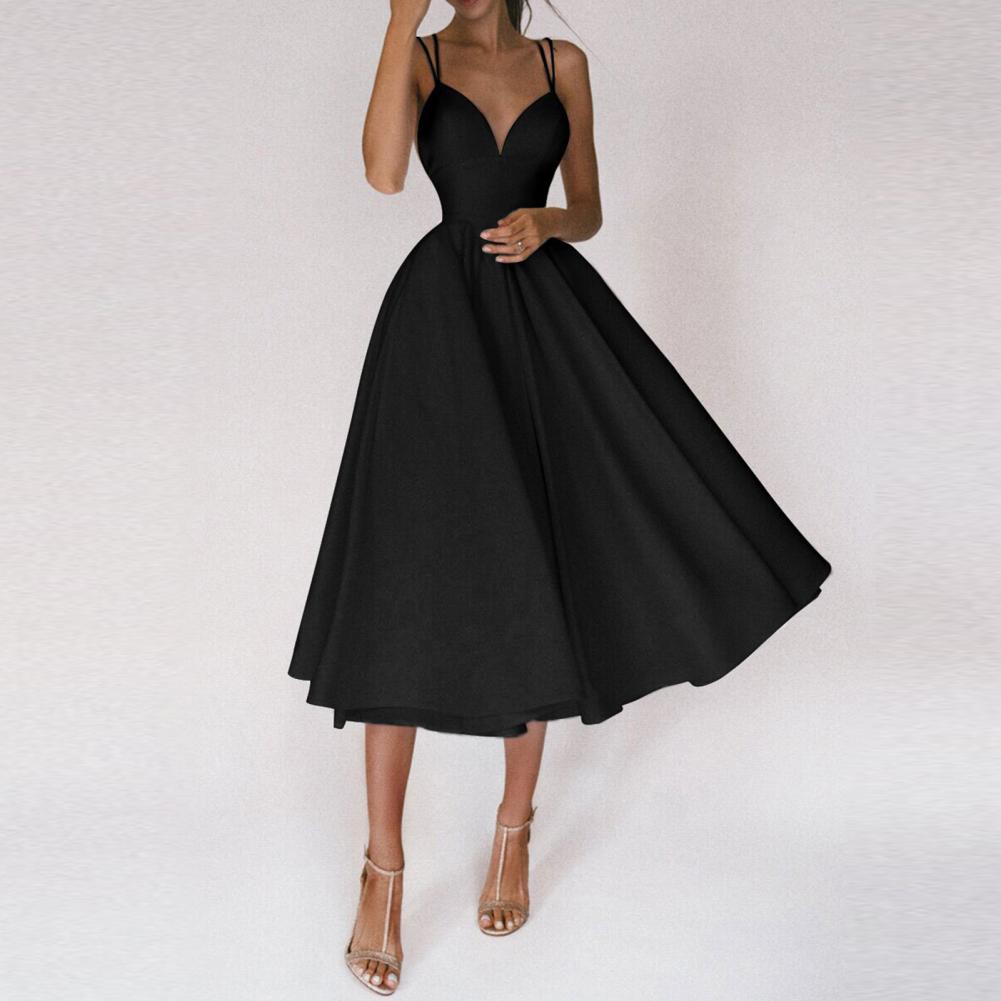 Satin Backless Cross Strap Cinched Waist A-Line Cocktail Midi Dress - View 5