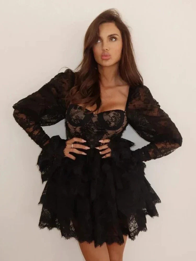 Puff Sleeve Layered Ruffle High Waist Lace Dress - View 5