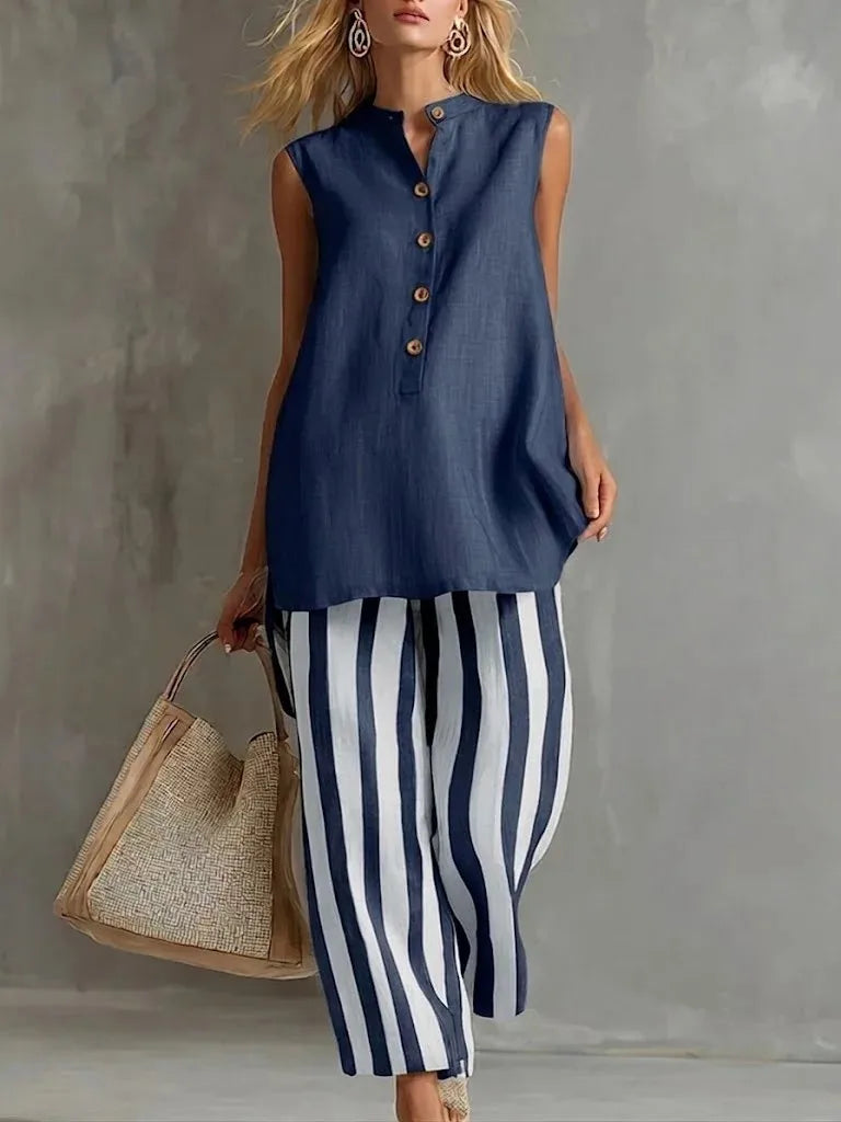 Sleeveless Button Front Tunic and Striped Wide Leg Pants Two Piece Set 6