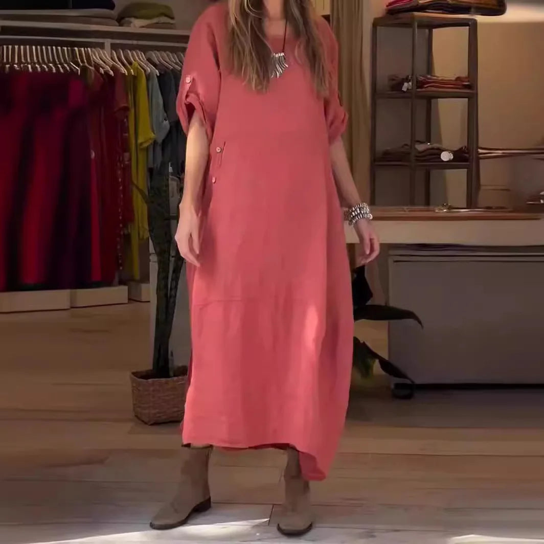 V-Neck Roll Tab Sleeve Pocket Oversized Maxi Dress 4