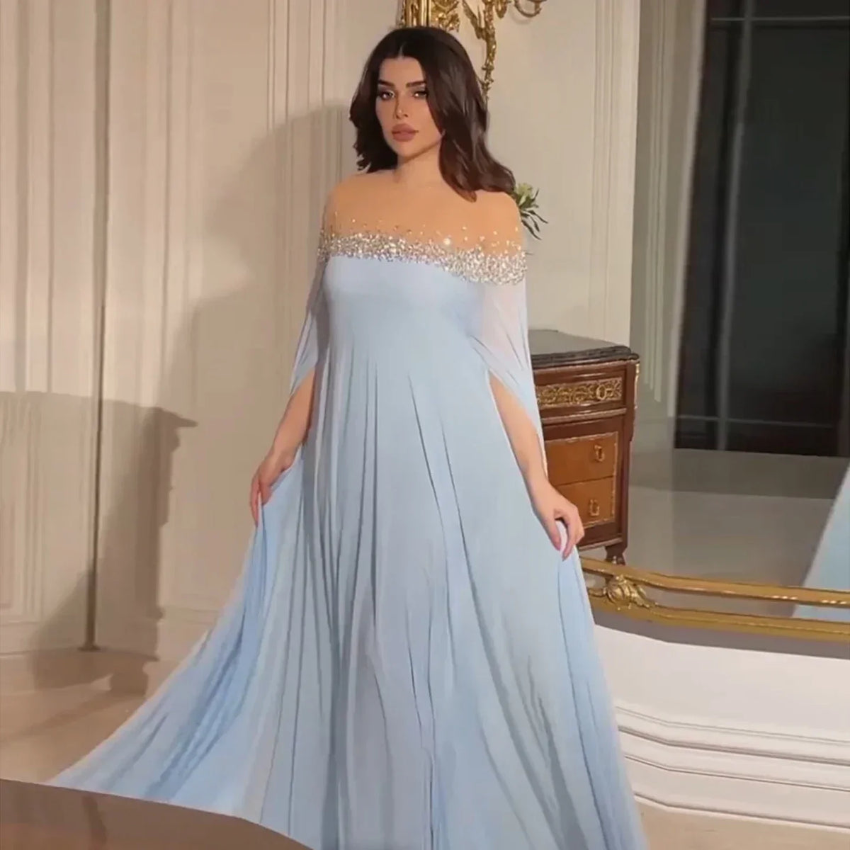 Rhinestone Beaded Illusion Neck Cape Sleeve Chiffon Maxi Gown - View 2