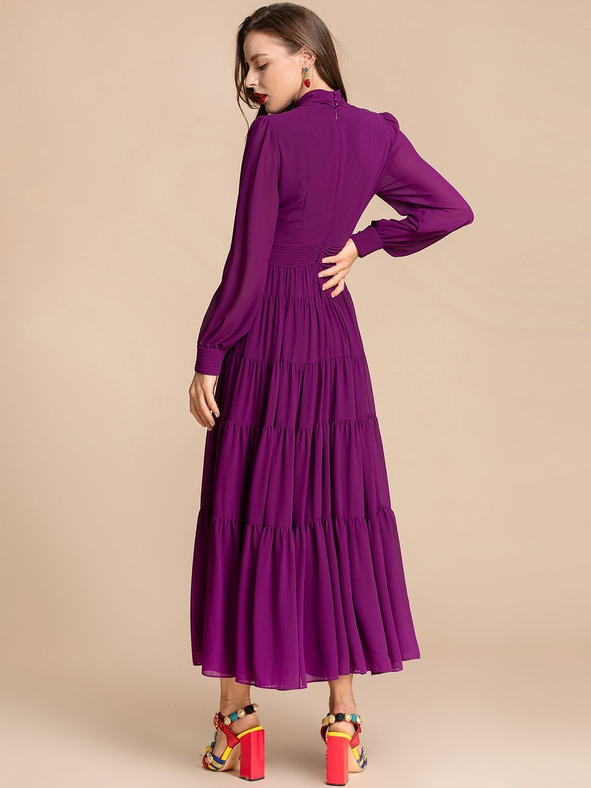 Tie Neck Long Sleeve Pintuck Tiered Maxi Dress 6