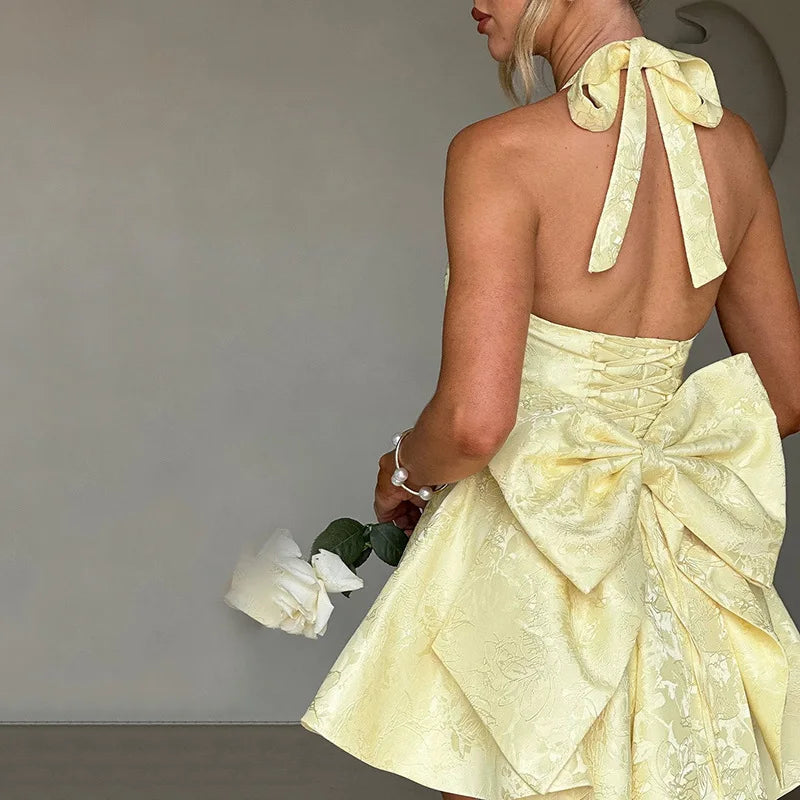 Jacquard Halter Neck Deep V-Neck Back Bow Flare Mini Party Dress - View 5