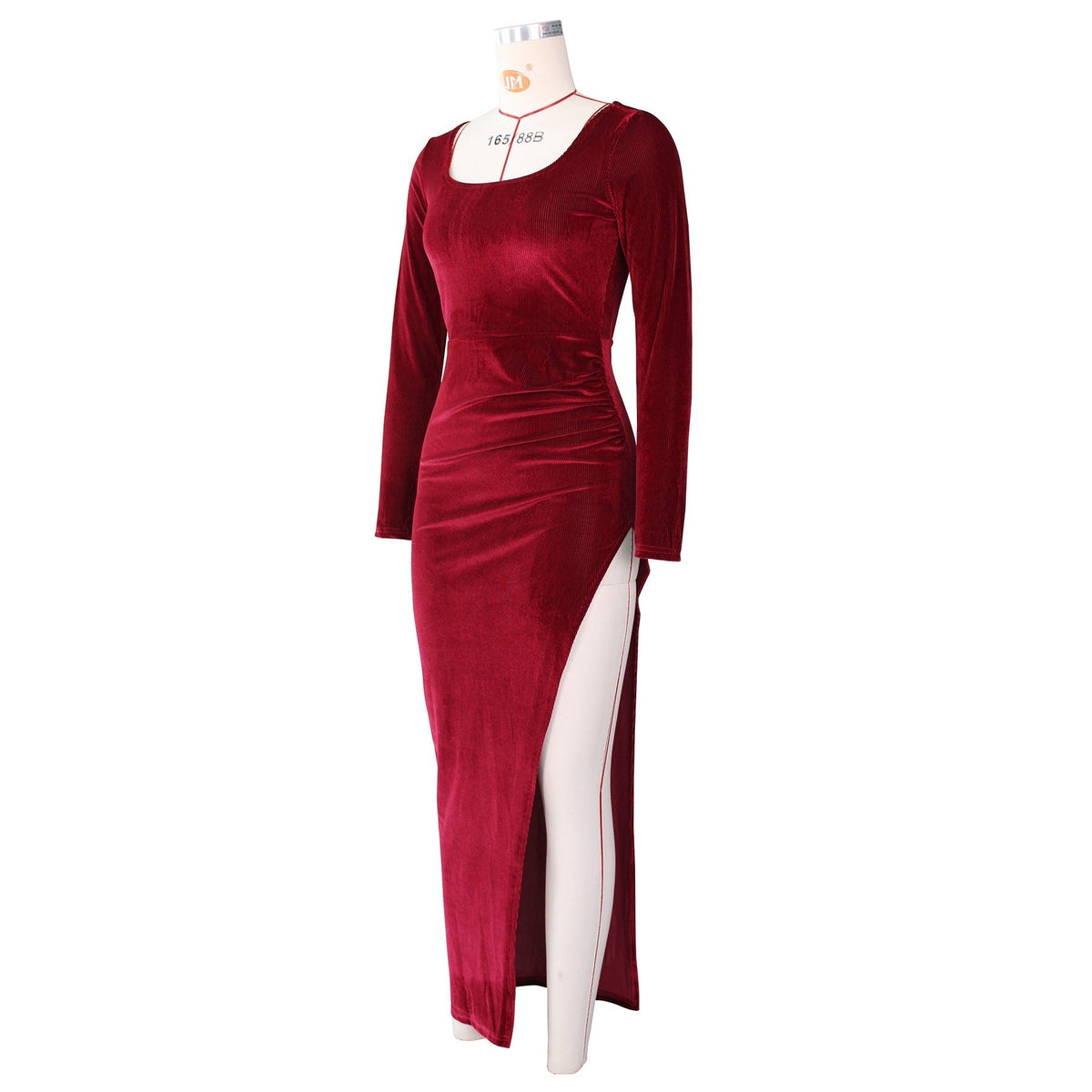 Velvet Square Neck Long Sleeve Ruched High Split Bodycon Maxi Dress 33