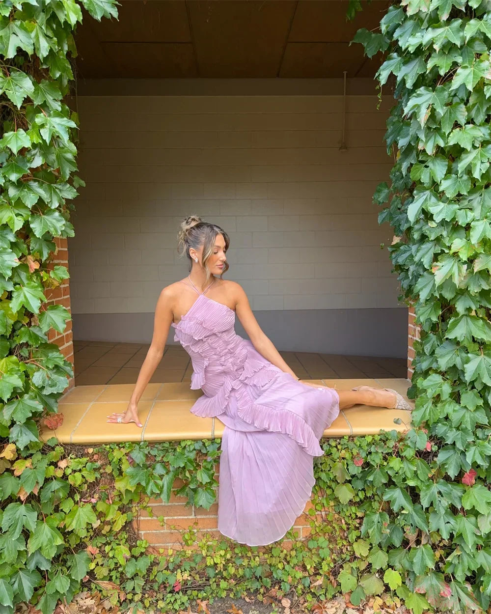 Satin Halter Neck Pleated Ruffle High Split Maxi Prom Dress - View 2