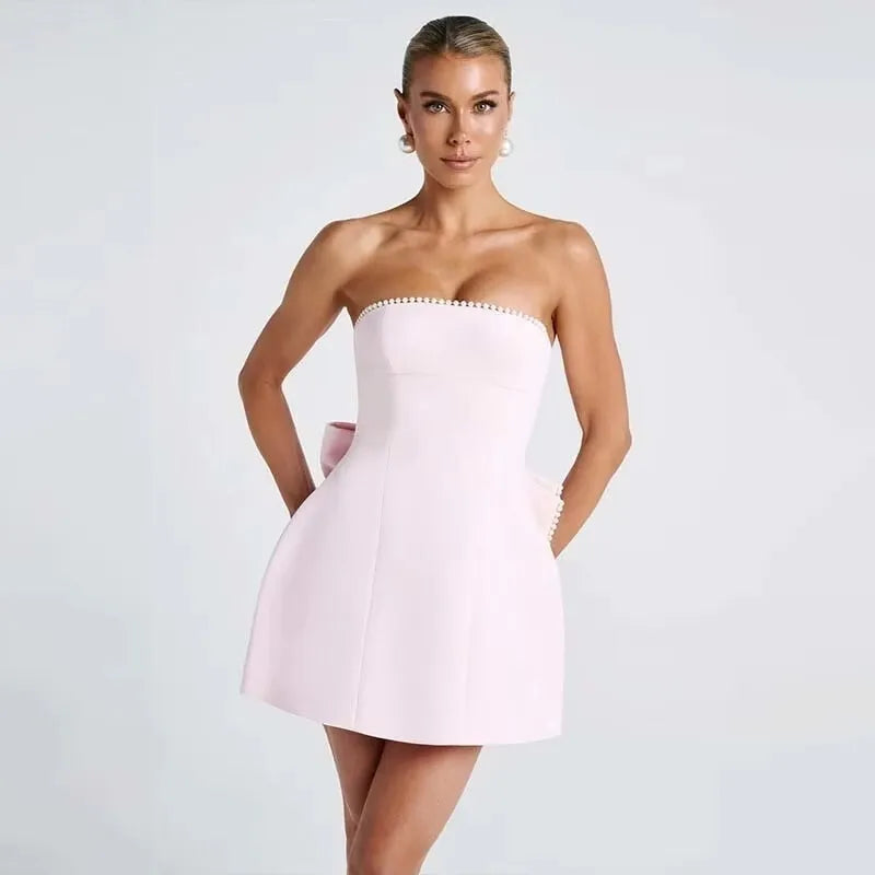 Pearl Bow Waist Wrap Backless Mini Dress - View 9