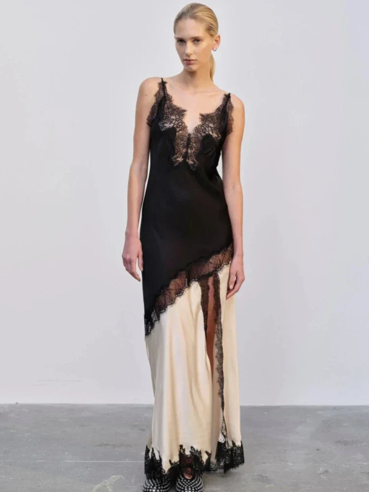 Sling V-Neck Colorblock Backless Long Lace Dress