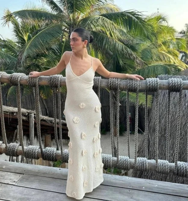 Knit V-Neck Spaghetti Strap Floral Applique Mermaid Maxi Dress - View 20
