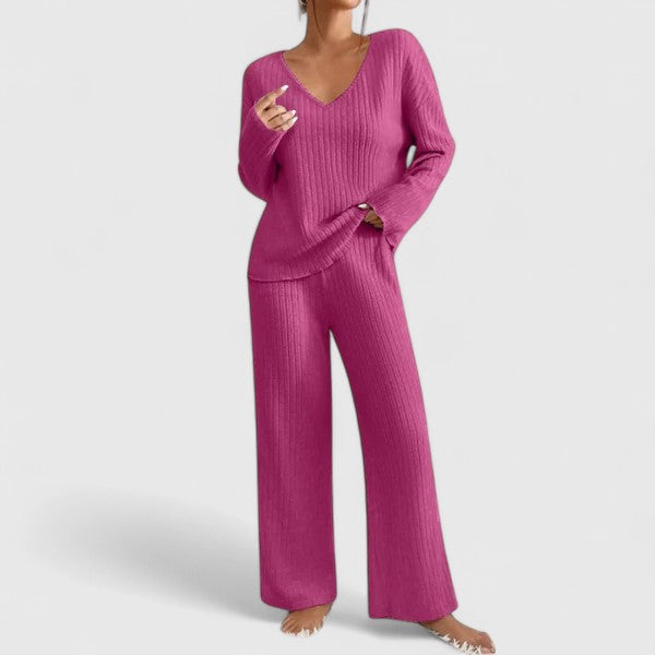 V-Neck Long Sleeve Ribbed Knit Top and Wide Leg Pants Two Piece Set 6