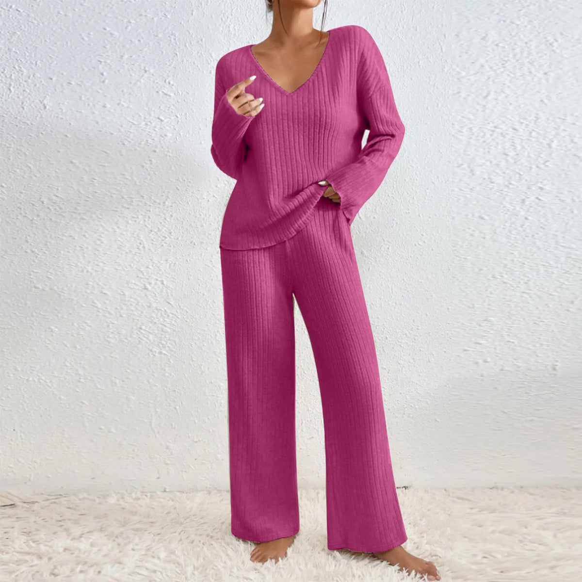 Ribbed Knit V-Neck Long Sleeve Top and Wide Leg Pants Two Piece Set 9