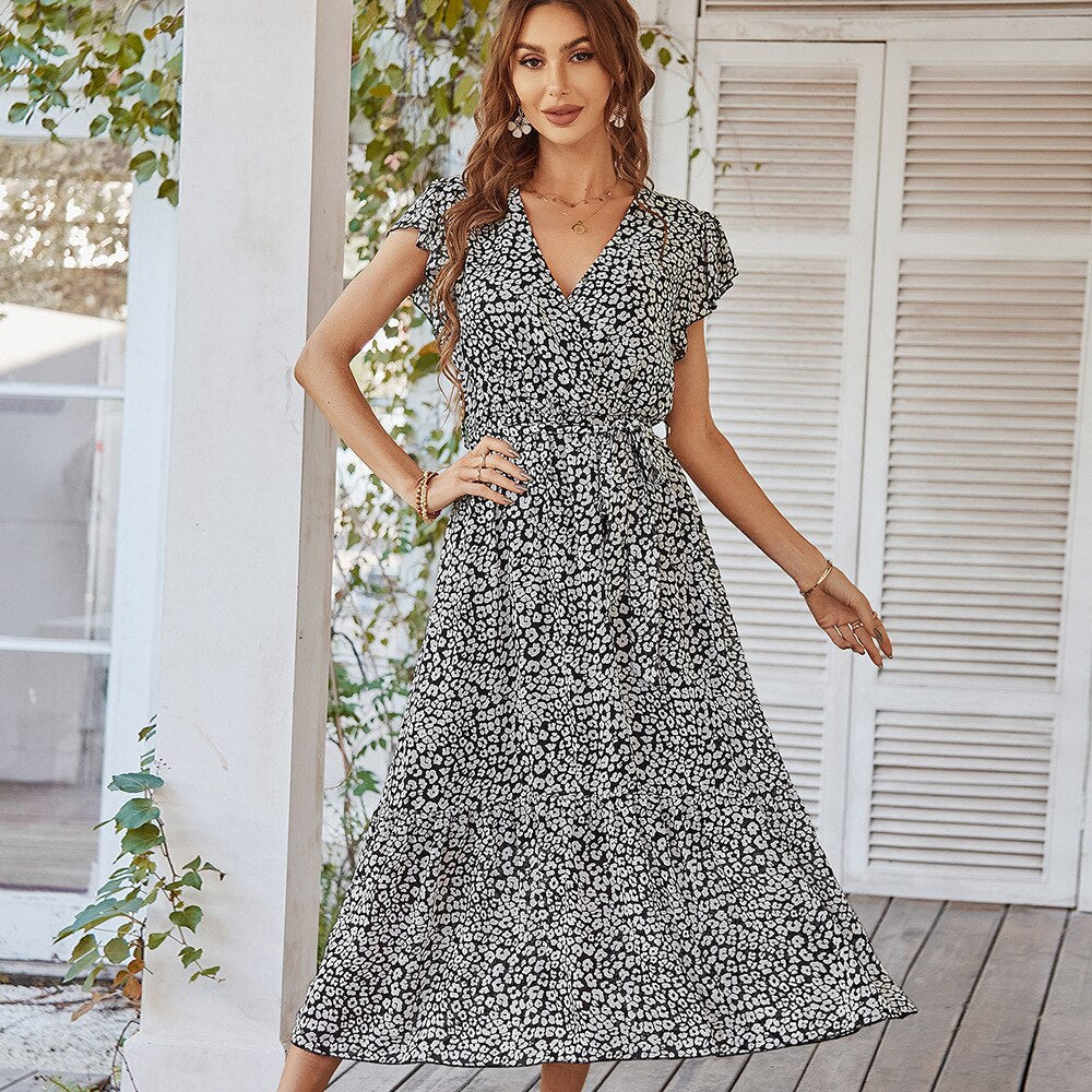 V-Neck Flutter Sleeve Leopard Print Tiered Maxi Dress 8