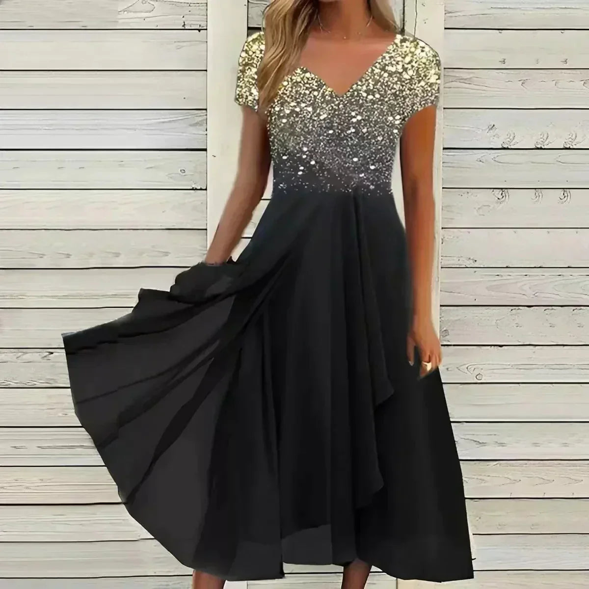 Chiffon V-Neck Cap Sleeve Ombre Bodice Flowy Pocket Maxi Dress - View 3