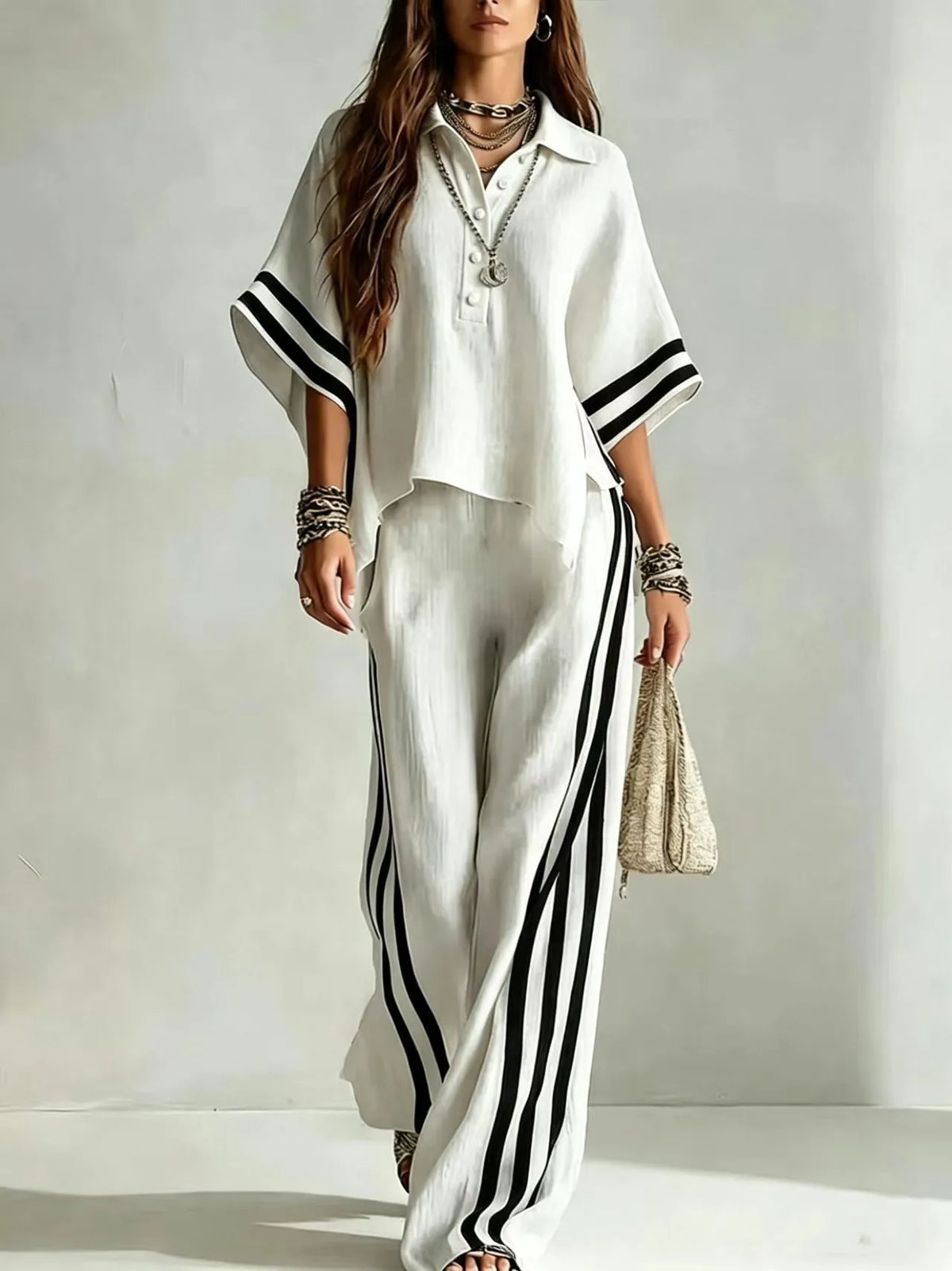 Collared Short Sleeve Top and Side Stripe Wide Leg Pants Two Piece Set 8
