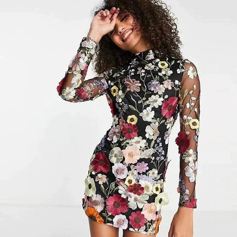 Mesh Floral Embroidered Long Sleeve High Neck Backless Cut Out Gown - View 4