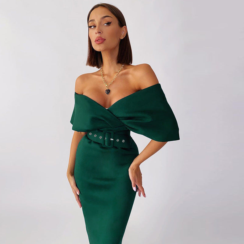 Satin Deep V-Neck Batwing Sleeve Belted Bodycon Midi Dress - View 3