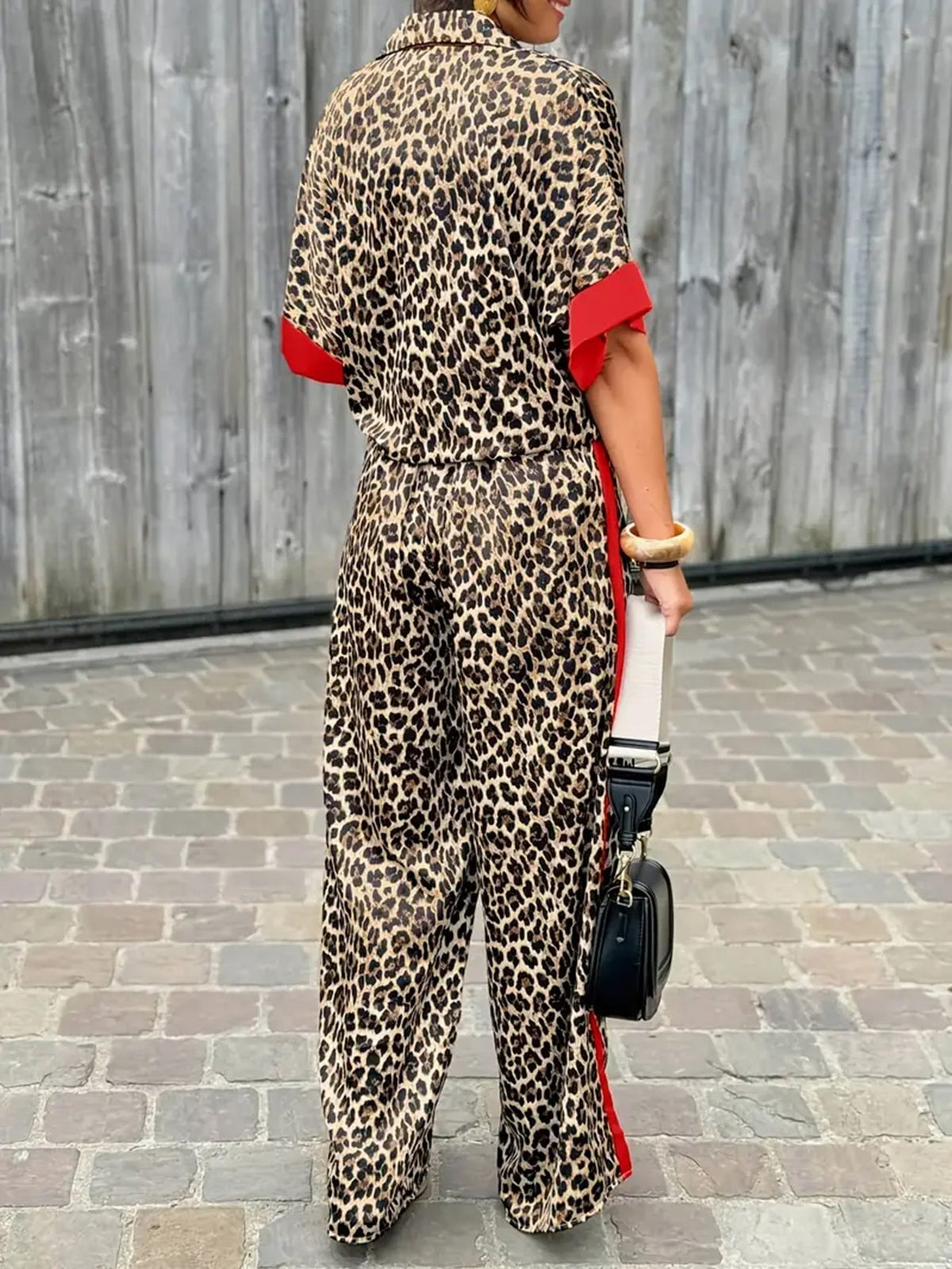 Leopard Print Contrast Trim Shirt and Wide Leg Pants Two Piece Set 3