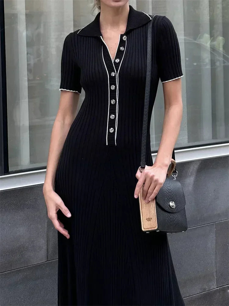 Ribbed Knit Polo Collar Short Sleeve Button Front Maxi Dress 10