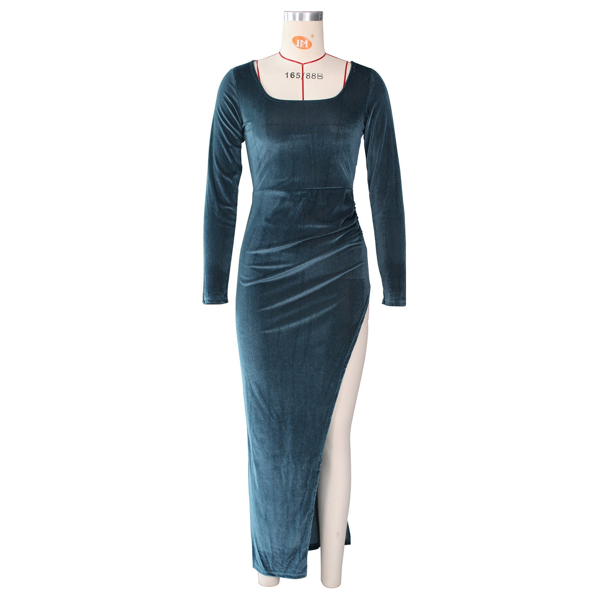 Velvet Square Neck Long Sleeve Ruched High Split Bodycon Maxi Dress 35