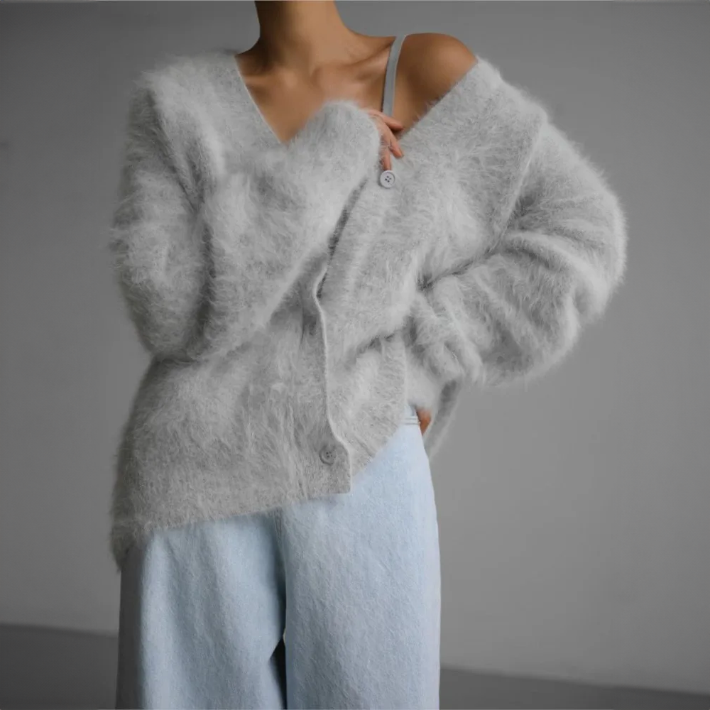 Fuzzy Knit V-Neck Button Front Cardigan 7