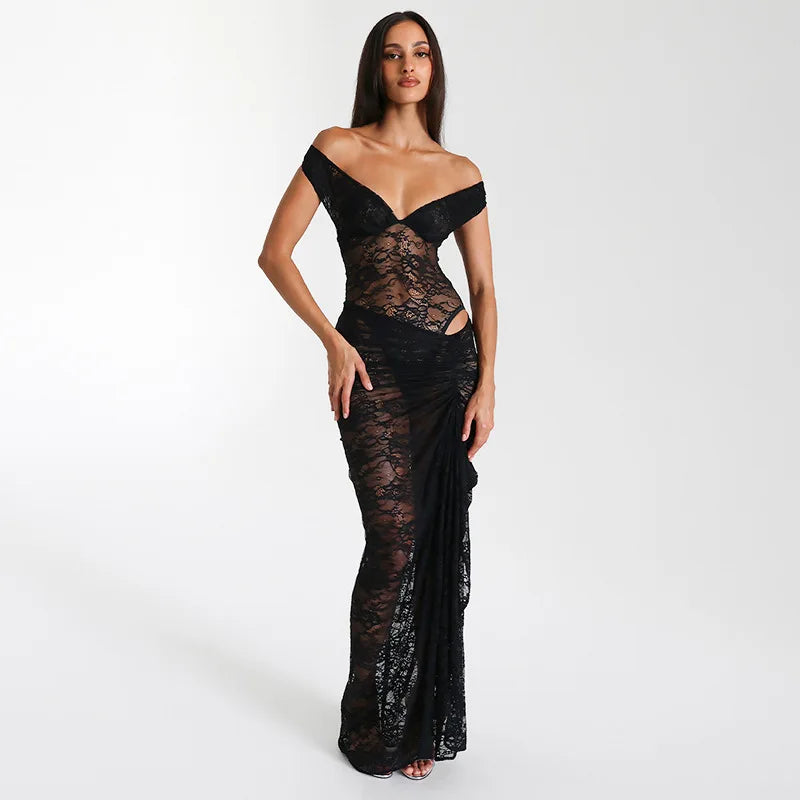 Lace Off Shoulder Sweetheart Corset Hip Cut Out Ruched Maxi Gown - View 10