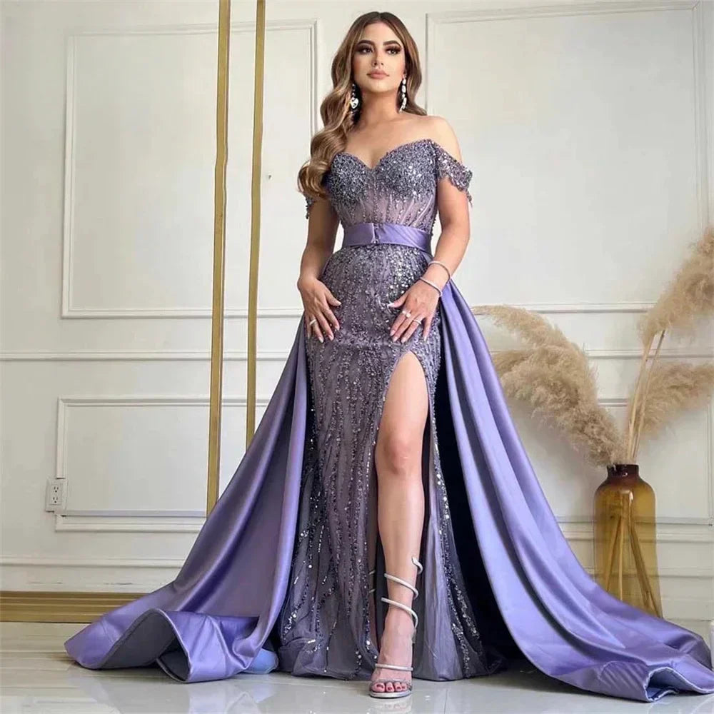 Sequin Off Shoulder Sweetheart Corset High Split Tulle Mermaid Gown - View 3