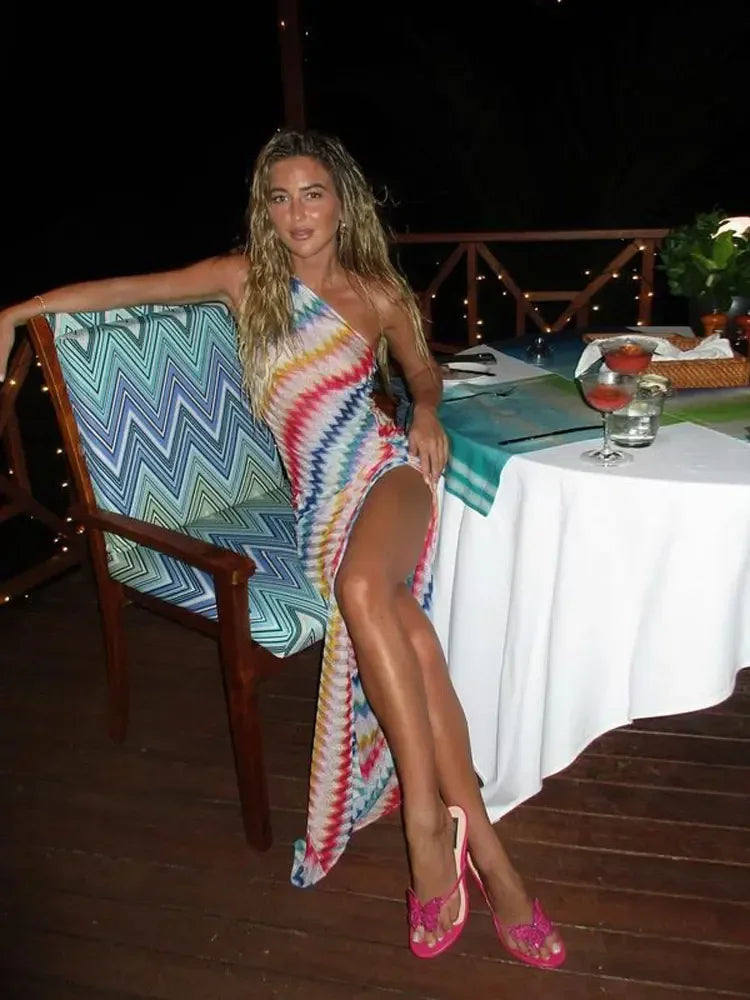 One Shoulder Chevron Crochet Knit Ruched High Split Bodycon Maxi Dress - View 4