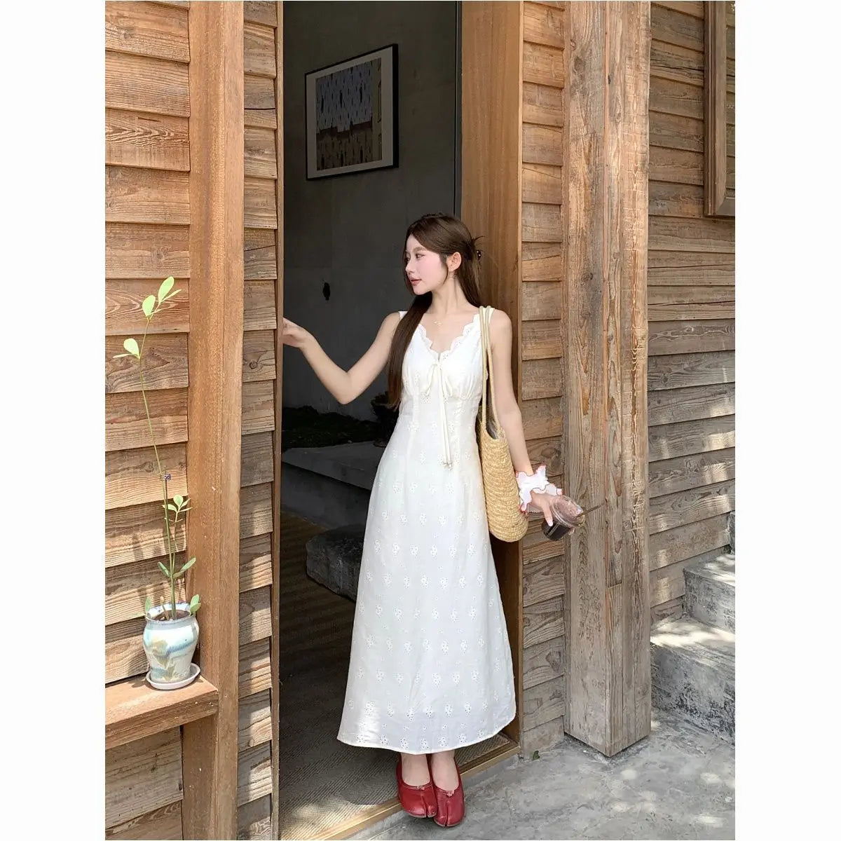 Eyelet V-Neck Lace Trim Slip Midi Dress Summer 4