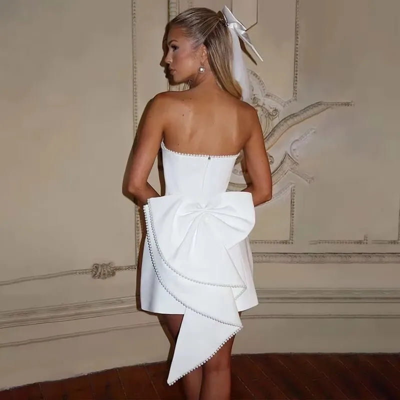 Pearl Bow Waist Wrap Backless Mini Dress - View 8
