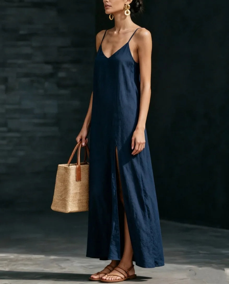 V-Neck Spaghetti Strap High Split Linen Look Maxi Dress 8