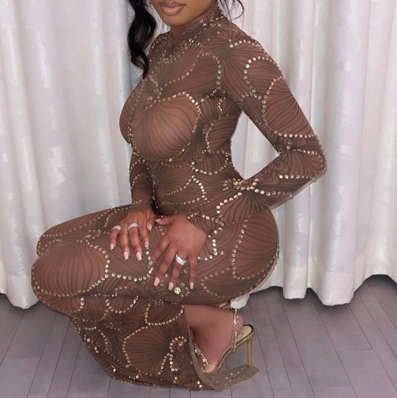 Crew Neck Long Sleeve Rhinestone Mesh Bodycon Maxi Dress 9