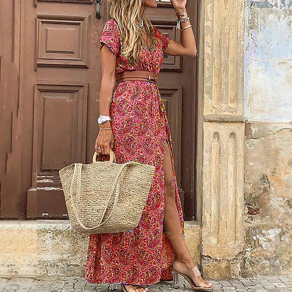 Paisley Print V-Neck Long Sleeve Flowy Maxi Dress - View 3
