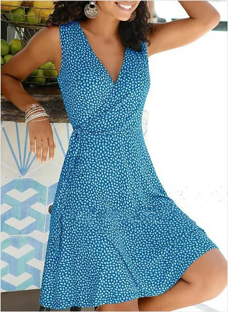 Geometric Print Surplice V-Neck Sleeveless Fit and Flare Mini Dress - View 6