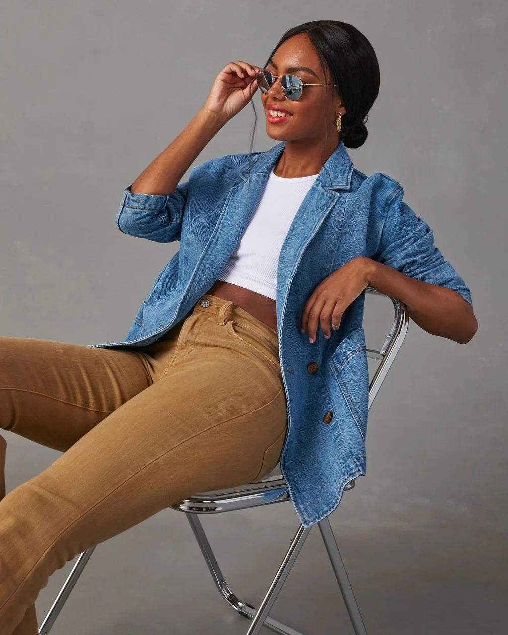 Notched Lapel Button Front Oversized Denim Jacket 3