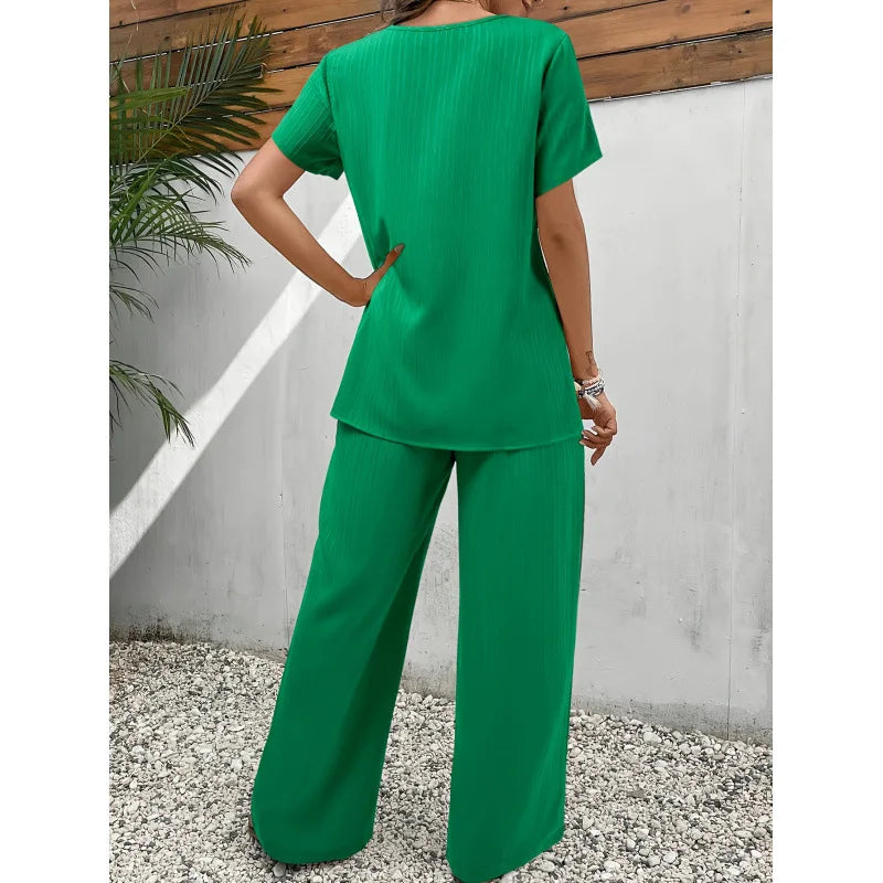 Short Sleeve Crossover Hem Top and Wide Leg Pants Two Piece Set 5