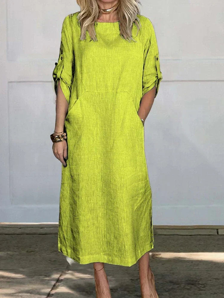 Crew Neck Short Sleeve Rolled Tab Pocket Shift Midi Summer Dress - View 4