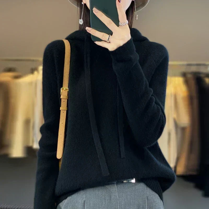 Drawstring Hood Long Sleeve Knit Hoodie Sweater 4